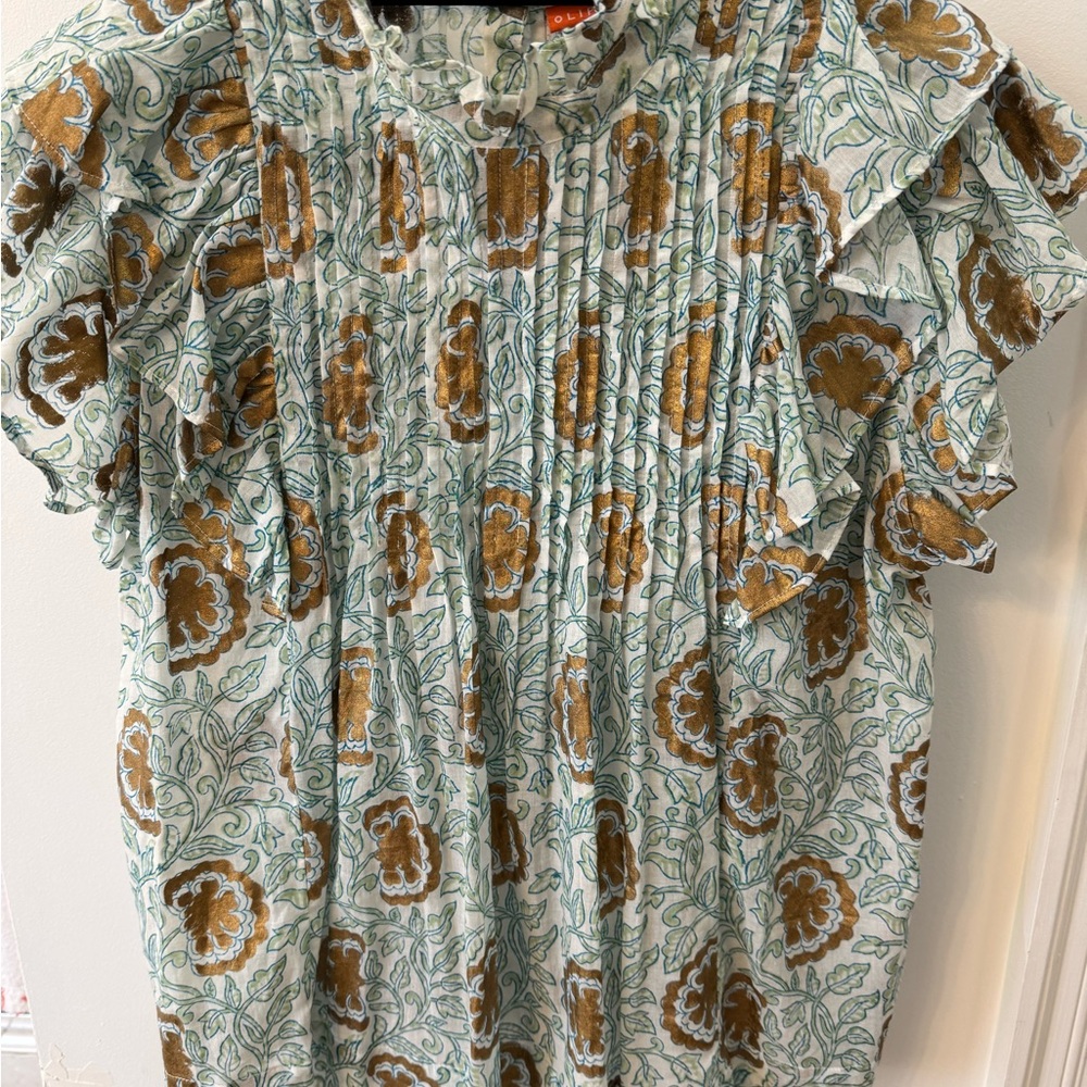 Oliphant Blue Pleated Bib Collar Blouse